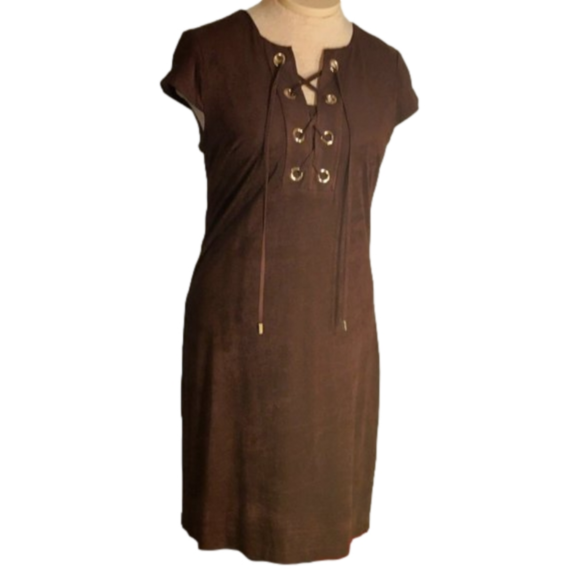 SANDRA DARREN WOMENS BROWN SHORT SLEEVE VEGAN VELVET LACE NECK DRESS - Picture 1 of 13